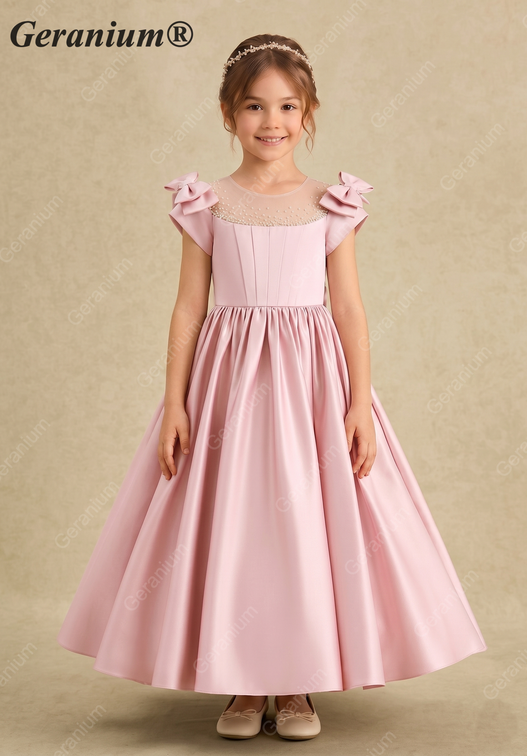 Geranium Elegant Pink Satin Flower Girl Dress - Pearl Illusion Back with Detachable Oversized Bow, Sleeveless Princess Gown for Weddings & Parties KD-239 Main image