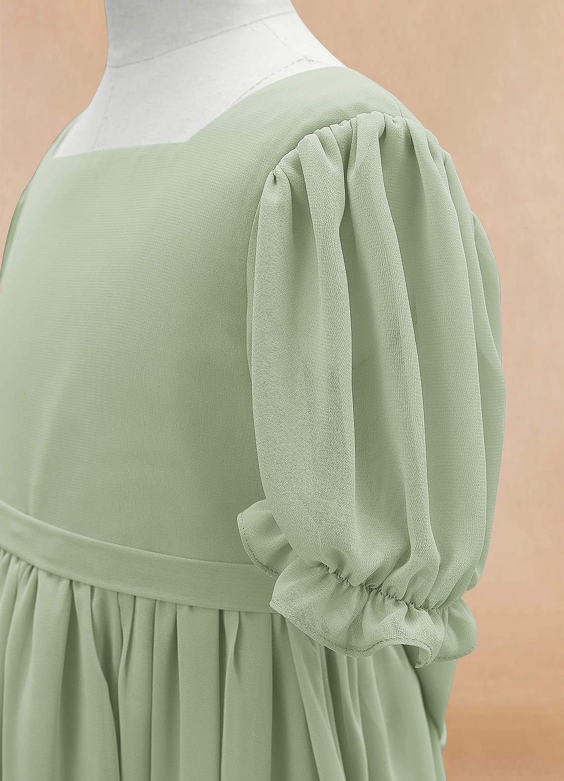 Geranium Sage Green Chiffon Flower Girl Dress with Puff Sleeves - Square Neck Junior Bridesmaid Party Gown KD-178