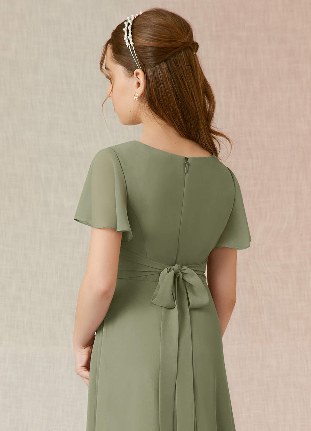 Geranium Elegant Chiffon Junior Bridesmaid Dress with V-Neck Flutter Sleeves & Side Split KD-145