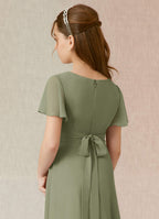 Geranium Elegant Chiffon Junior Bridesmaid Dress with V-Neck Flutter Sleeves & Side Split KD-145