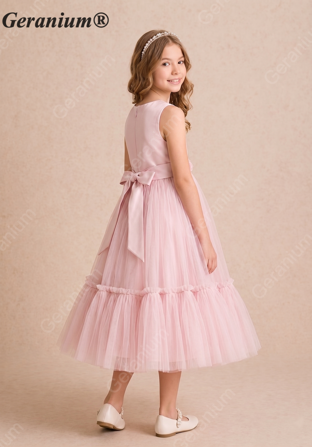 Geranium Elegant Blush Pink Tulle Flower Girl Dress with 3D Floral Waist & Back Bow KD-206J
