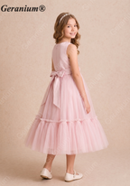Geranium Elegant Blush Pink Tulle Flower Girl Dress with 3D Floral Waist & Back Bow KD-206J