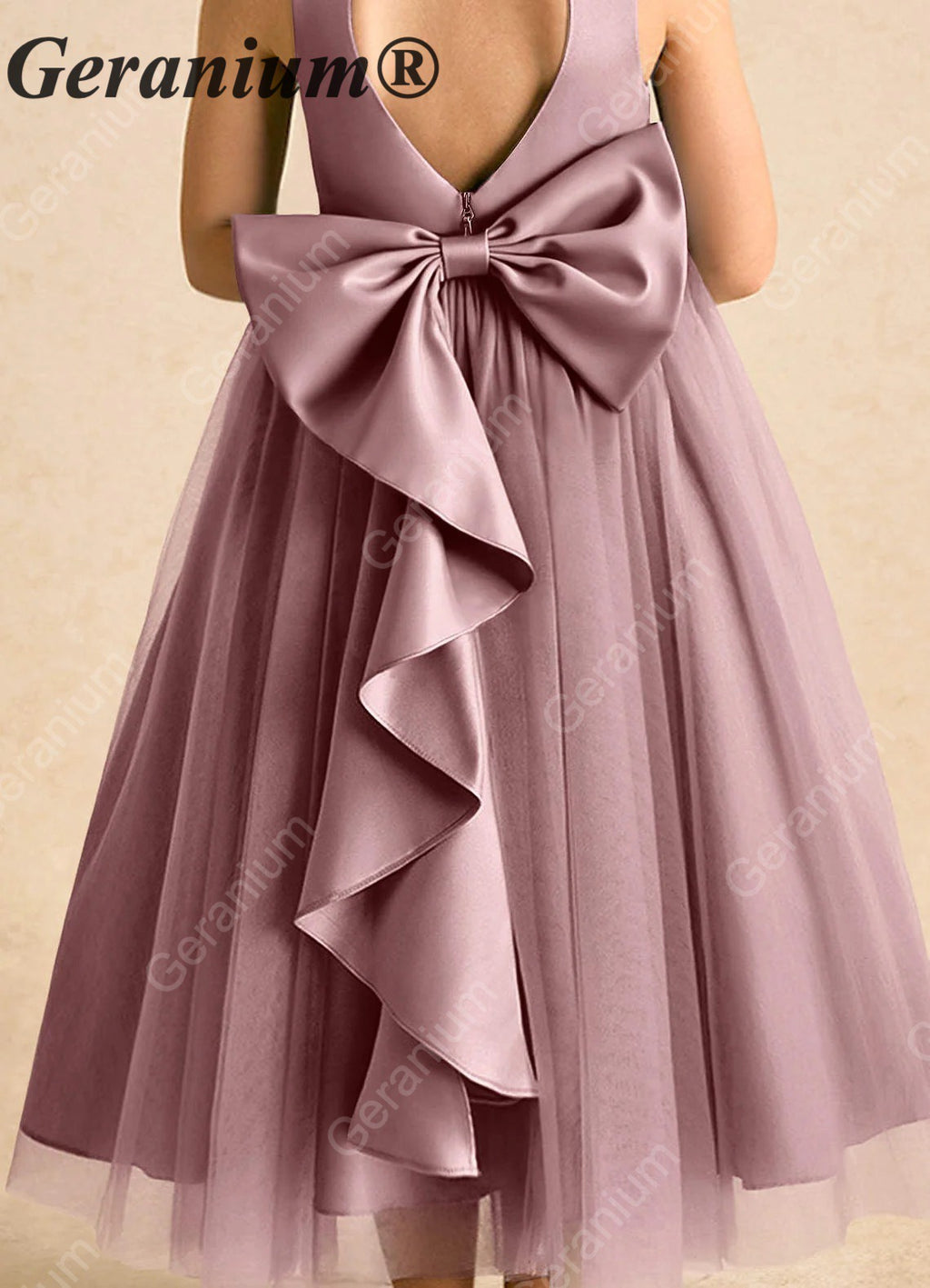Geranium Heart Back Dusty Rose Tulle Flower Girl Dress with Oversized Detachable Bow KD-182