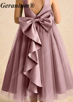 Geranium Heart Back Dusty Rose Tulle Flower Girl Dress with Oversized Detachable Bow KD-182