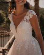 Geranium Deep V-Neck Lace A-Line Wedding Dress with Cap Sleeves – GER106