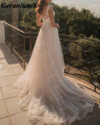 Geranium Deep V-Neck Lace A-Line Wedding Dress with Cap Sleeves – GER106