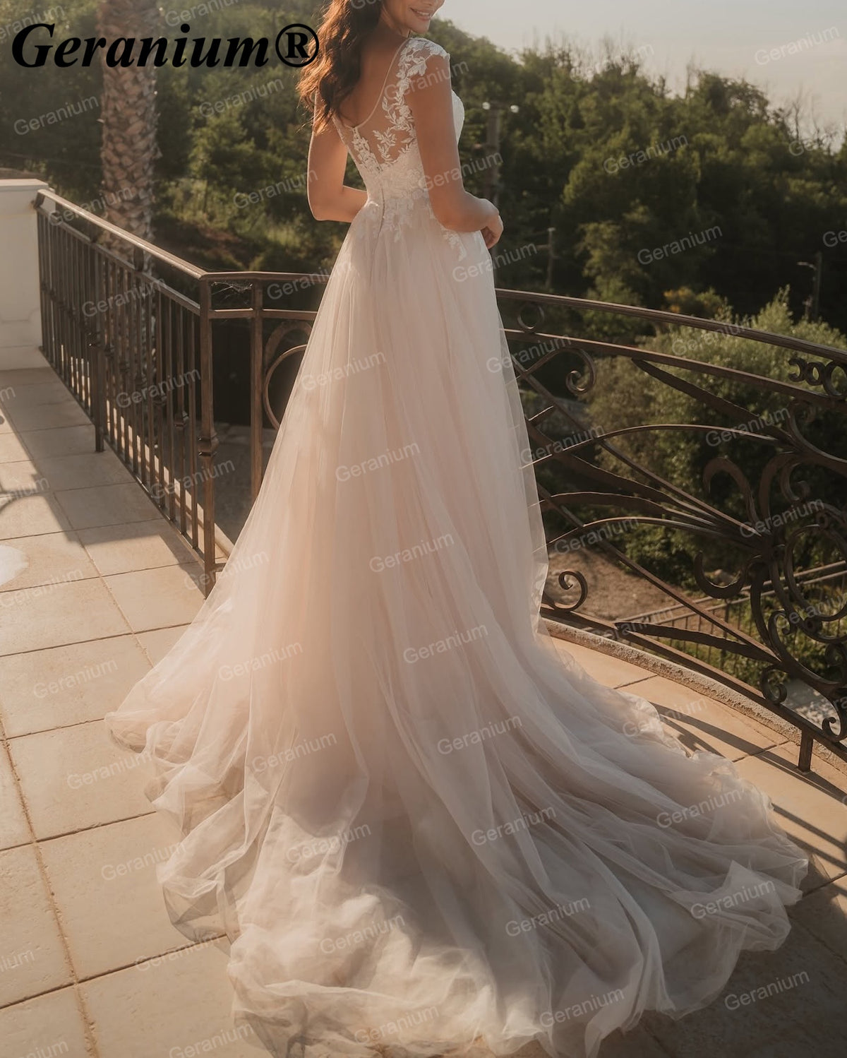 Geranium Deep V-Neck Lace A-Line Wedding Dress with Cap Sleeves – GER106