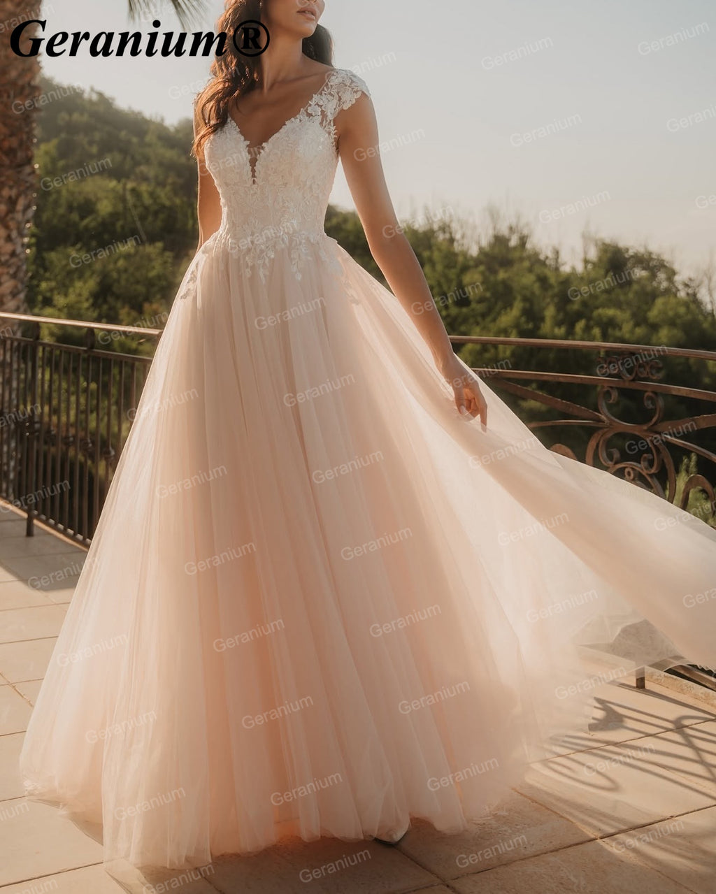 Geranium Deep V-Neck Lace A-Line Wedding Dress with Cap Sleeves – GER106