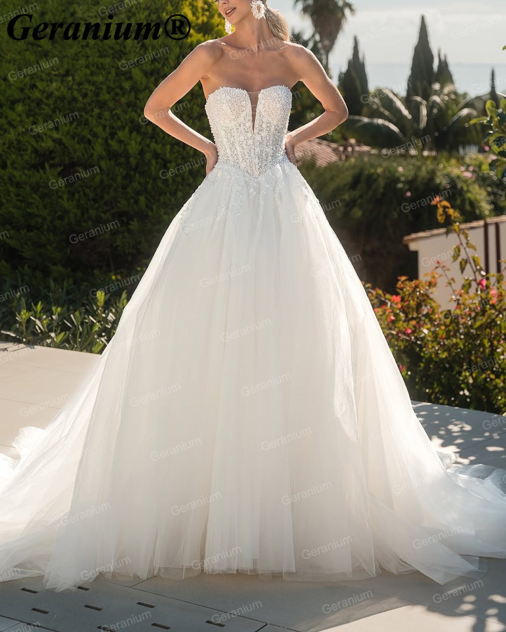 Geranium Strapless Pearl Beaded Ball Gown Wedding Dress with Corset Back – GER105