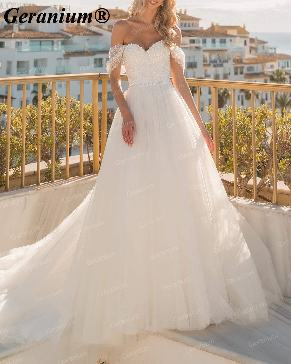 Geranium Sweetheart Pearl Beaded Ball Gown Wedding Dress with Corset Back – GER103