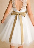 Geranium Elegant Lace Applique Flower Girl Dress - Illusion Back Tulle Tutu Party Gown with Champagne Sash KD-216