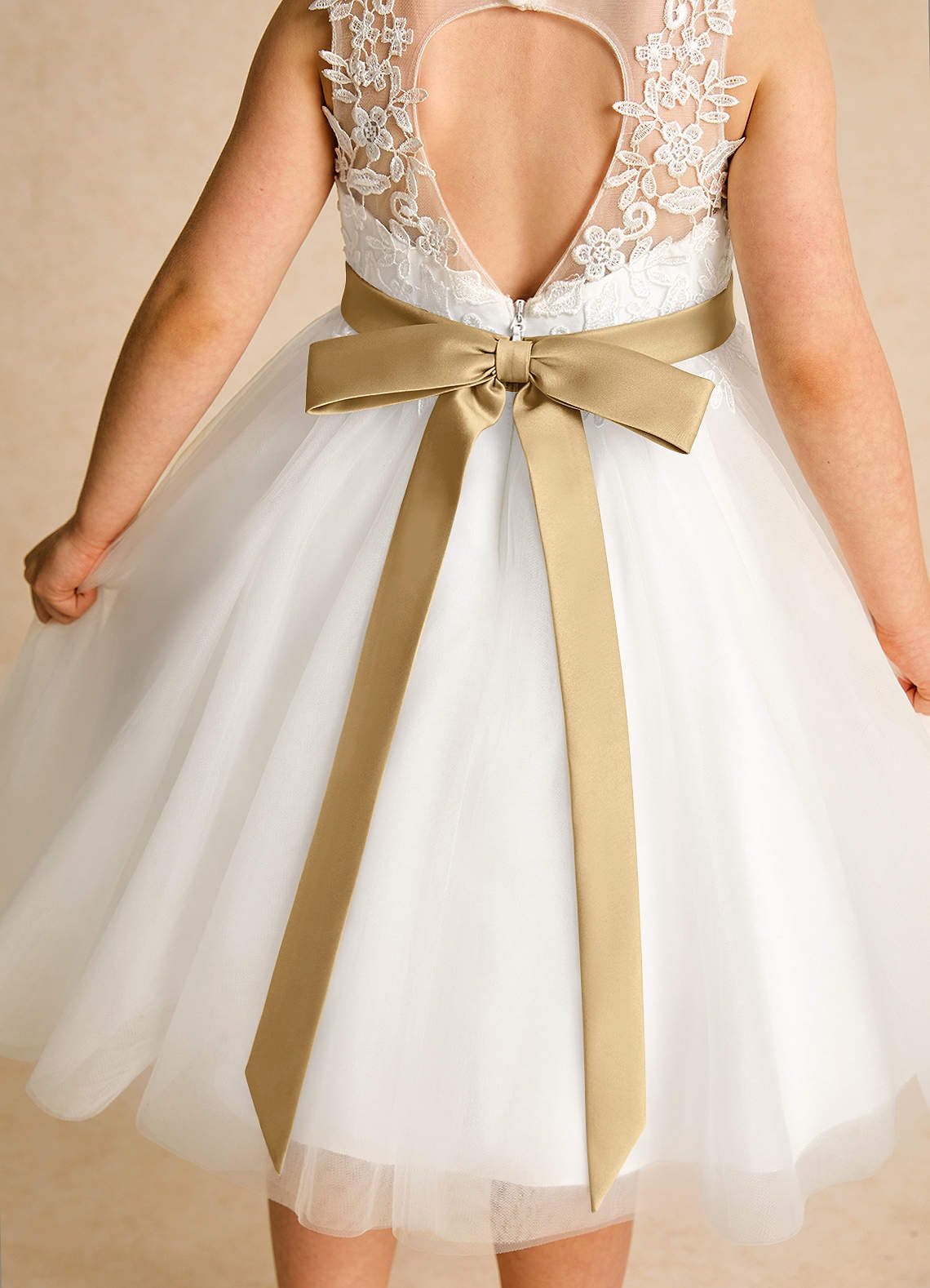 Geranium Elegant Lace Applique Flower Girl Dress - Illusion Back Tulle Tutu Party Gown with Champagne Sash KD-216