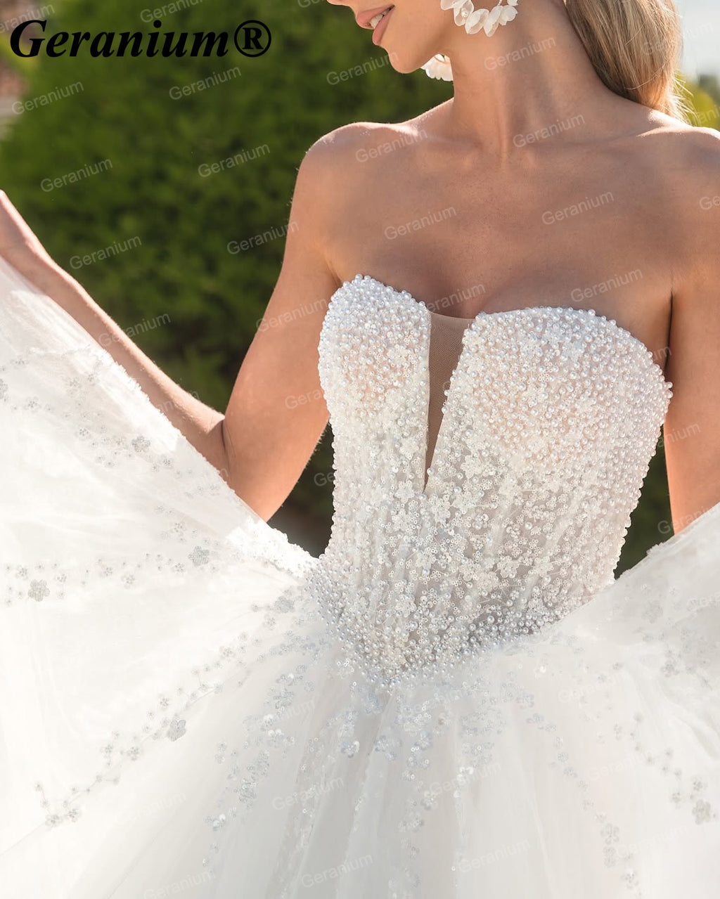 Geranium Strapless Pearl Beaded Ball Gown Wedding Dress with Corset Back – GER105