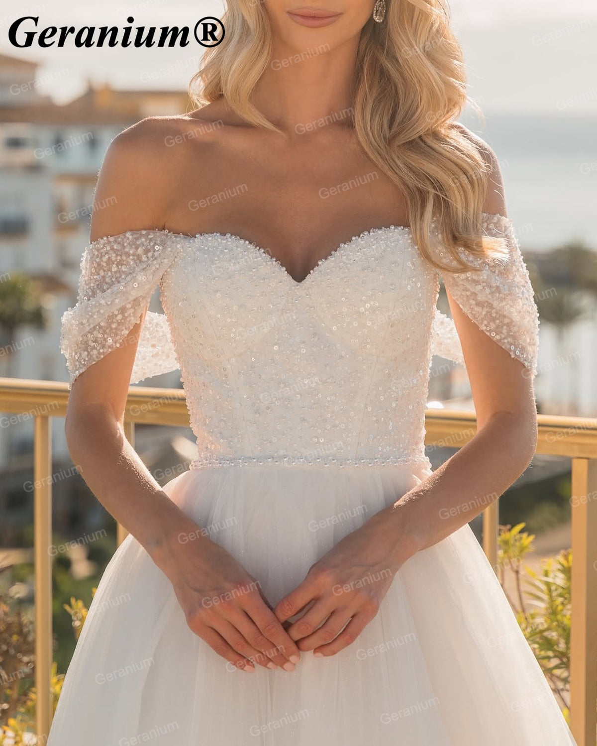 Geranium Sweetheart Pearl Beaded Ball Gown Wedding Dress with Corset Back – GER103