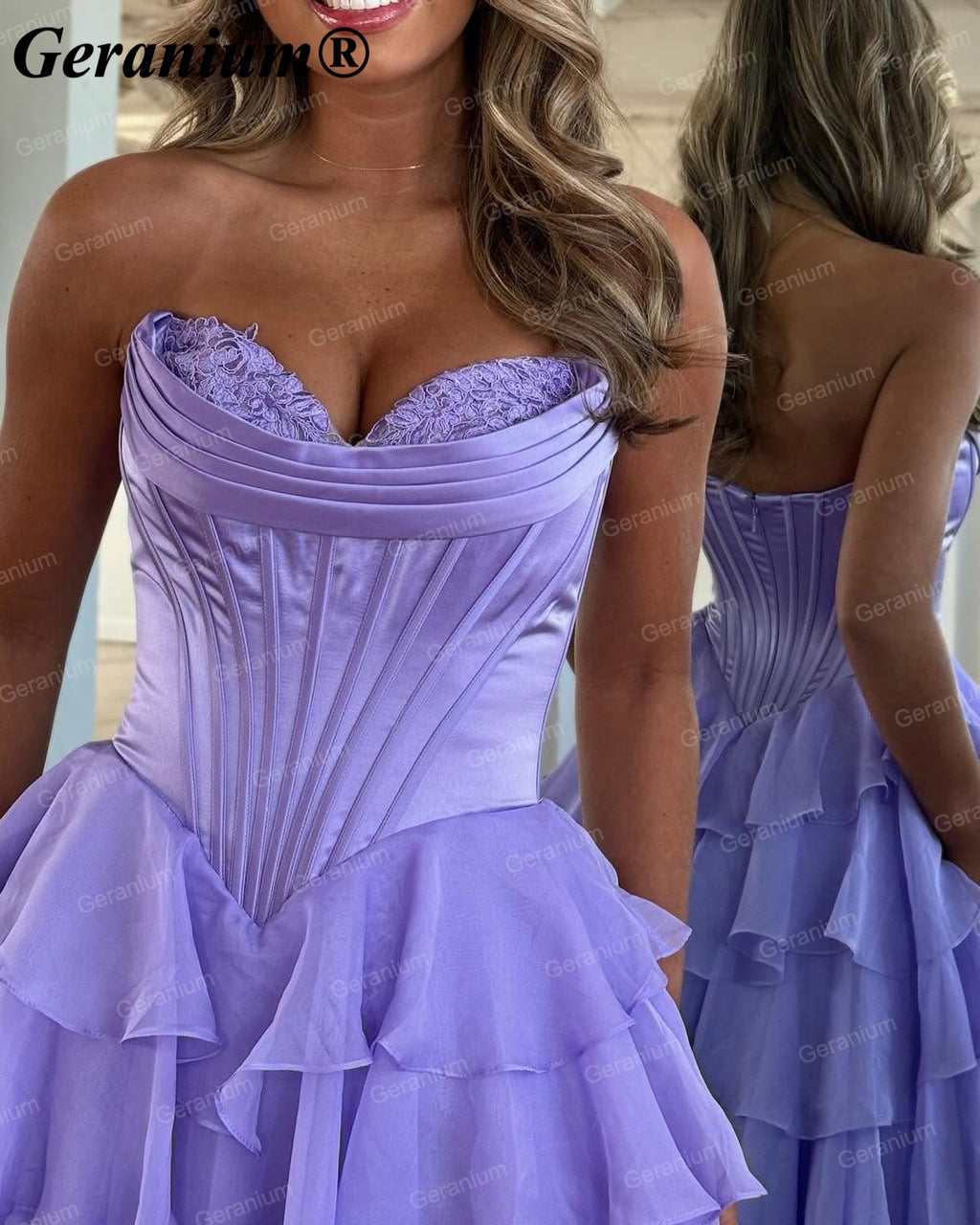 GERANIUM Strapless Corset Tiered Ruffle A-Line Prom Dress GER692P