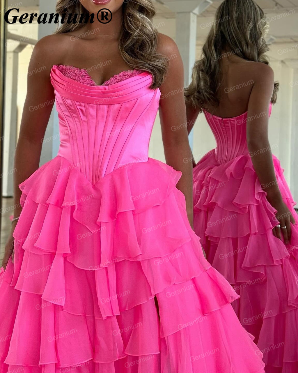 GERANIUM Strapless Corset Tiered Ruffle A-Line Prom Dress GER692P