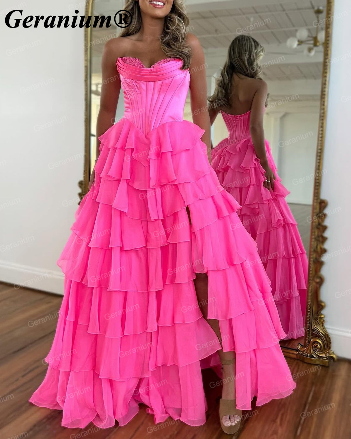 GERANIUM Strapless Corset Tiered Ruffle A-Line Prom Dress GER692P