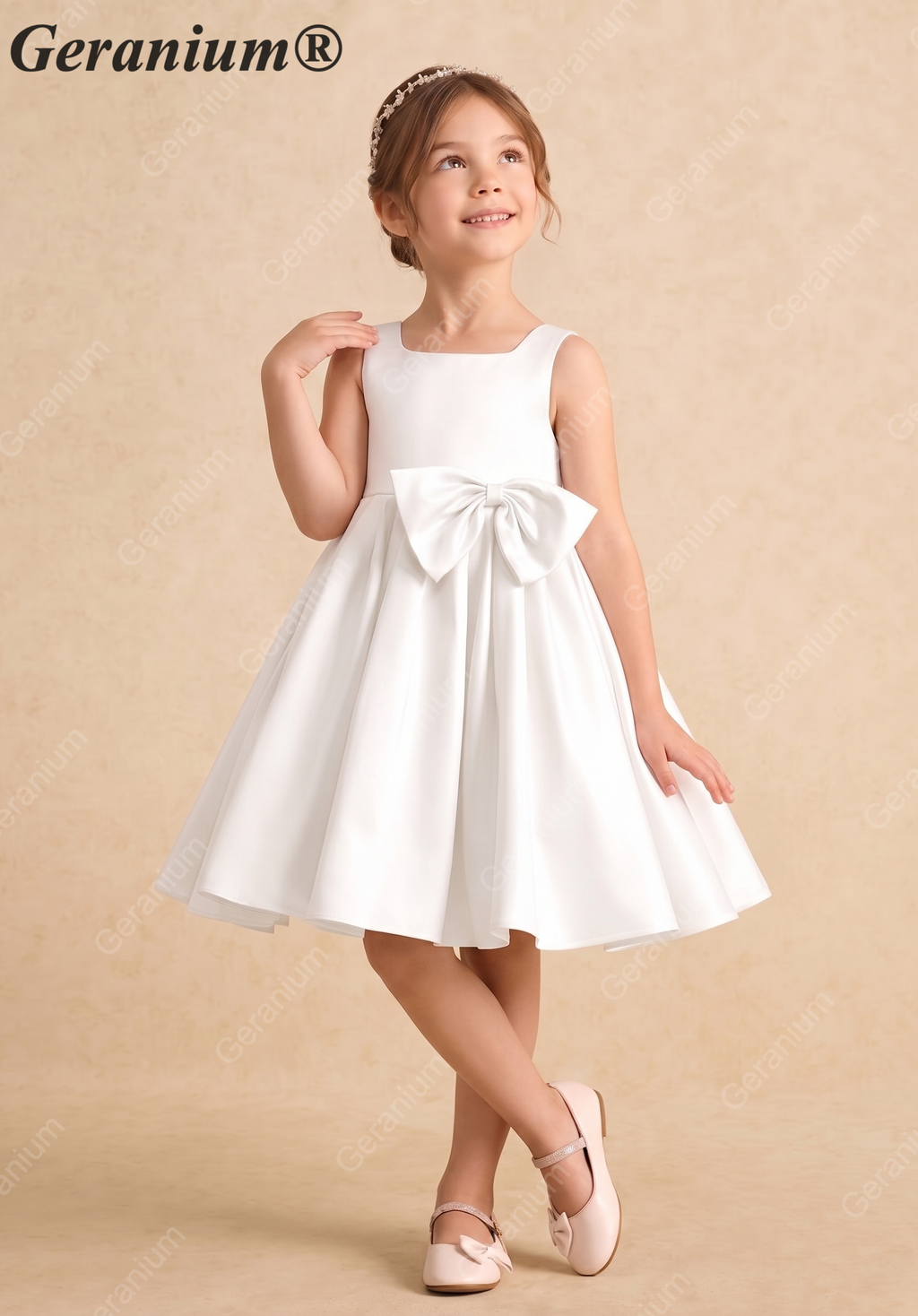 Geranium Elegant Big Bow Flower Girl Dress - Pure White Satin A-Line Princess Gown for Weddings & Birthdays KD-230