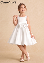 Geranium Elegant Big Bow Flower Girl Dress - Pure White Satin A-Line Princess Gown for Weddings & Birthdays KD-230