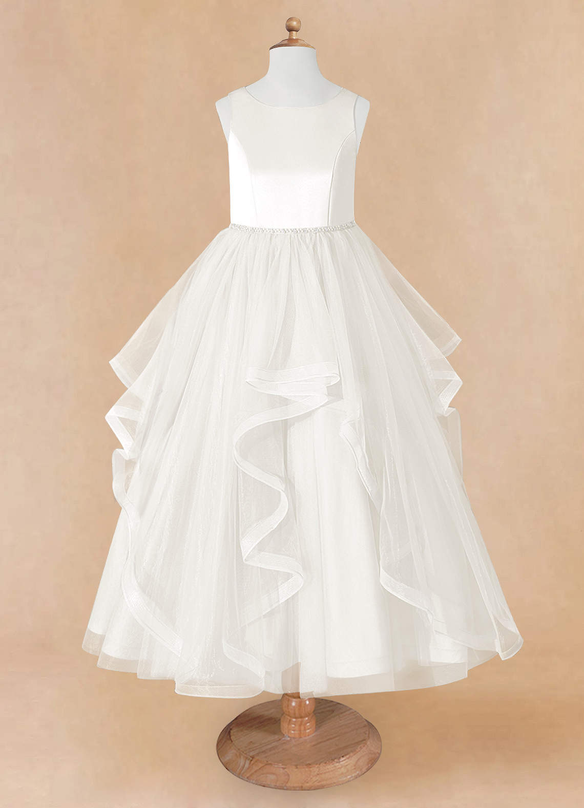 Geranium Sweet Princess Flower Girl Dress - Cascading Tulle Ruffles with Pearl Beaded Waistband KD-262