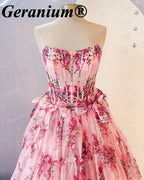 Geranium Pink Floral Strapless Corset Ball Gown Prom Dress – GER695P