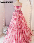 Geranium Pink Floral Strapless Corset Ball Gown Prom Dress – GER695P