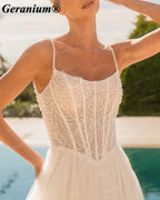 Geranium Pearl Beaded Corset Ball Gown Wedding Dress with Spaghetti Straps – GER102