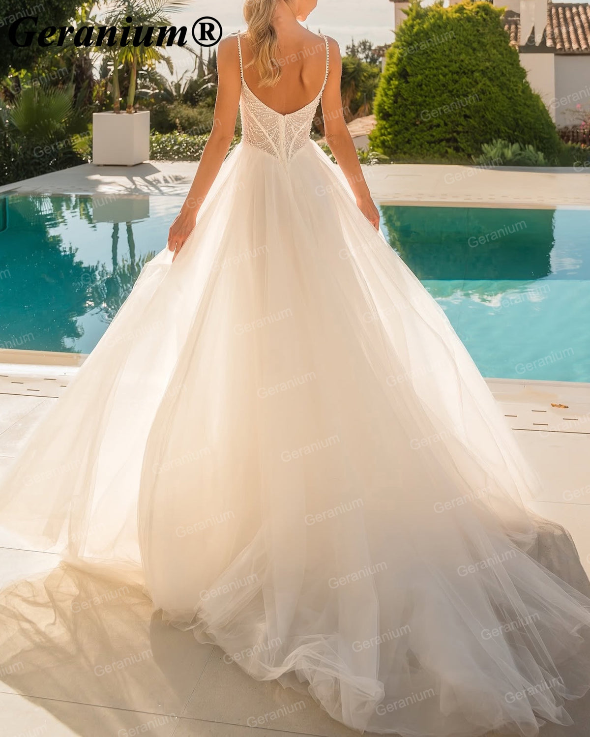 Geranium Pearl Beaded Corset Ball Gown Wedding Dress with Spaghetti Straps – GER102
