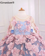 Geranium Couture 3D Floral Junior Pageant Ball Gown with Illusion Sleeves & Tulle Train KD-375