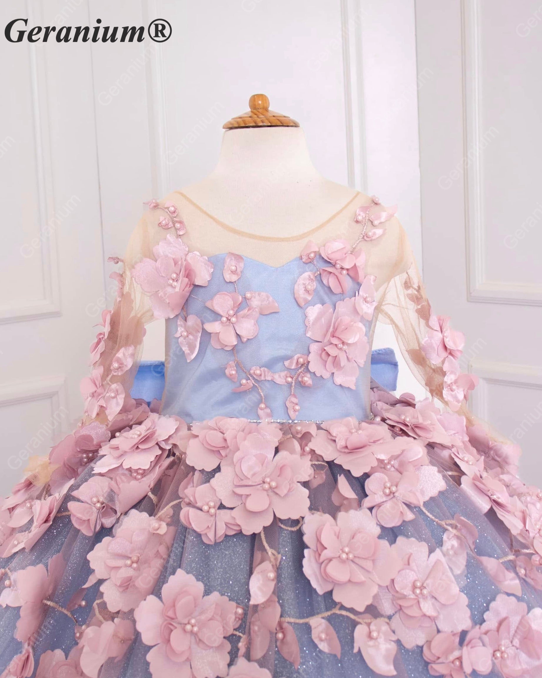 Geranium Couture 3D Floral Junior Pageant Ball Gown with Illusion Sleeves & Tulle Train KD-375