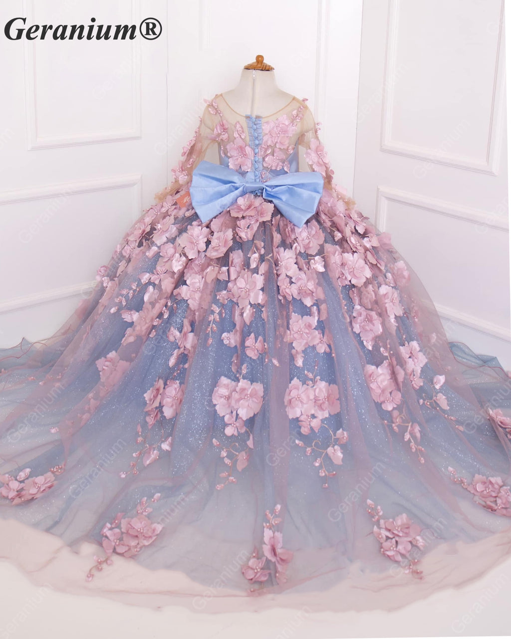 Geranium Couture 3D Floral Junior Pageant Ball Gown with Illusion Sleeves & Tulle Train KD-375