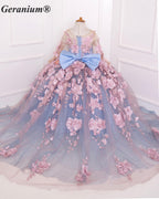Geranium Couture 3D Floral Junior Pageant Ball Gown with Illusion Sleeves & Tulle Train KD-375
