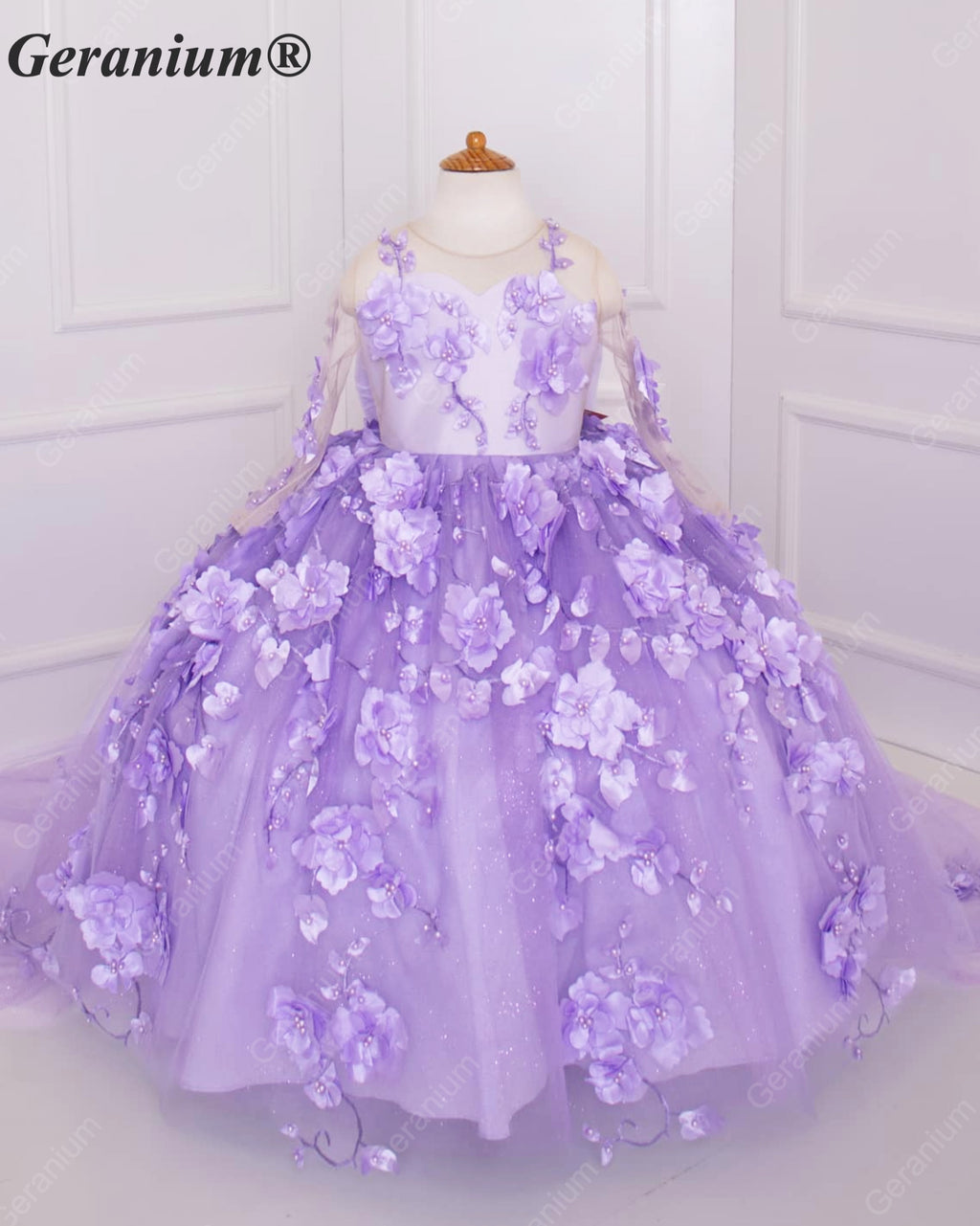 Geranium Couture 3D Floral Junior Pageant Ball Gown with Illusion Sleeves & Tulle Train KD-375