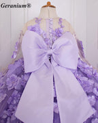 Geranium Couture 3D Floral Junior Pageant Ball Gown with Illusion Sleeves & Tulle Train KD-375
