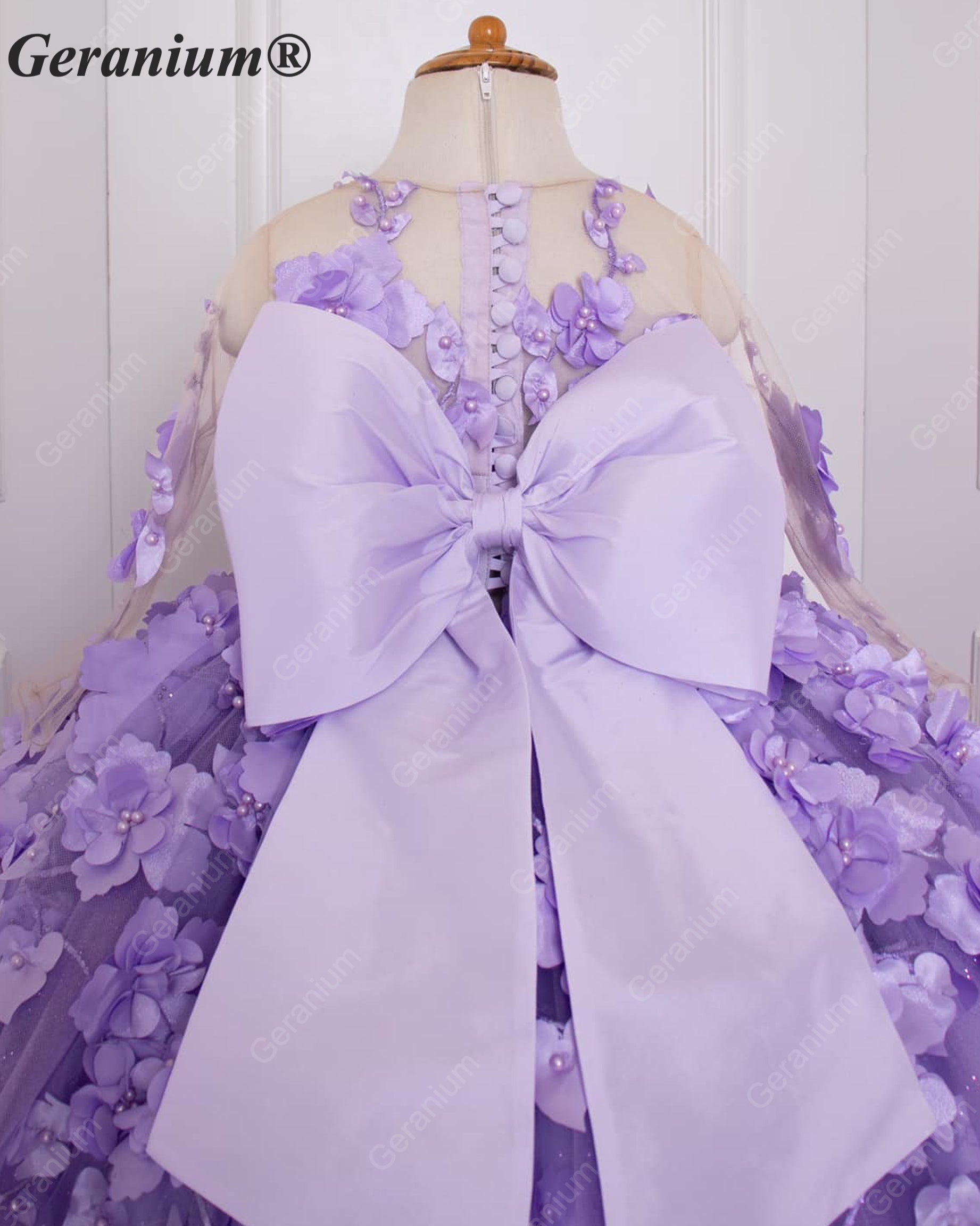 Geranium Couture 3D Floral Junior Pageant Ball Gown with Illusion Sleeves & Tulle Train KD-375