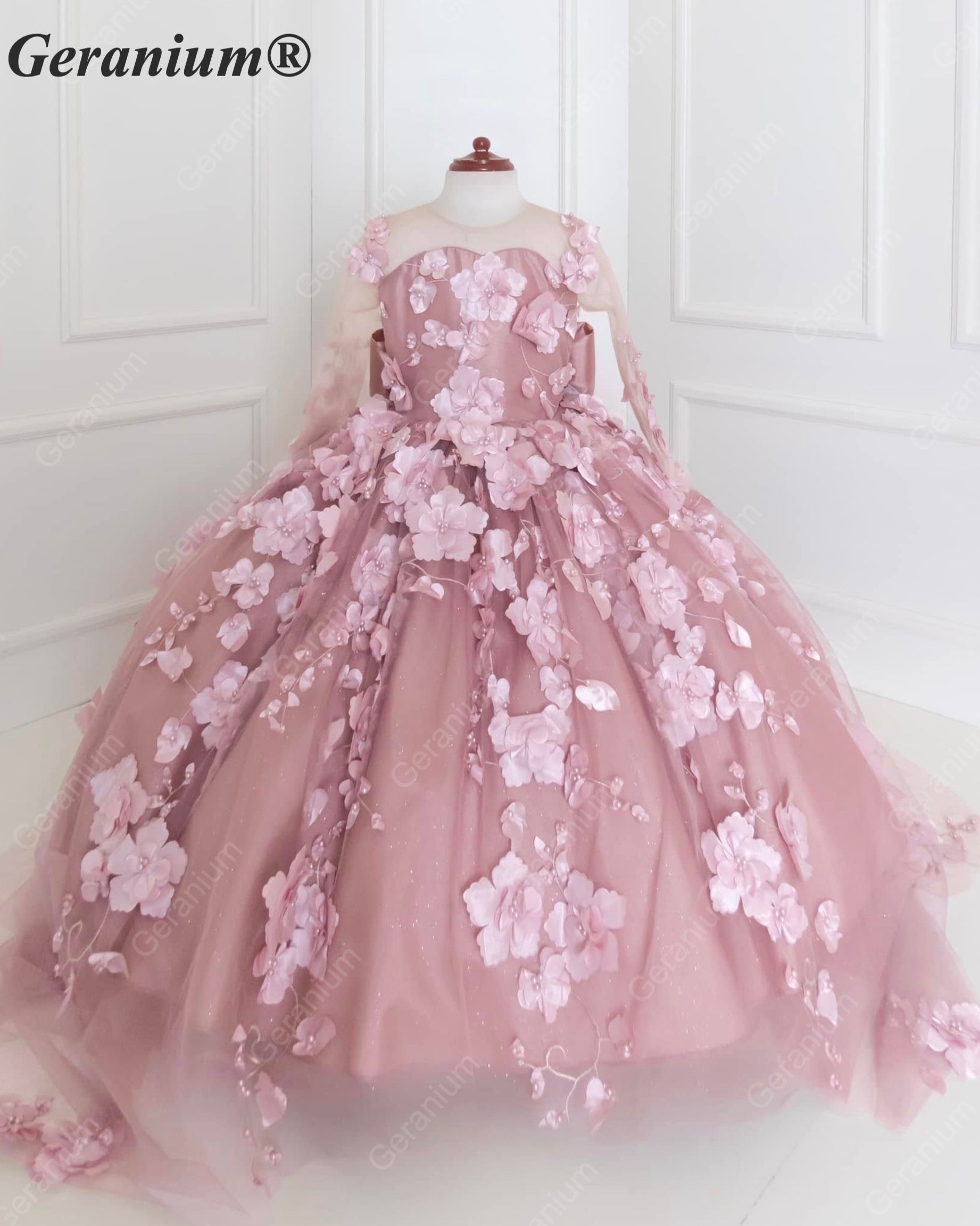 Geranium Couture 3D Floral Junior Pageant Ball Gown with Illusion Sleeves & Tulle Train KD-375