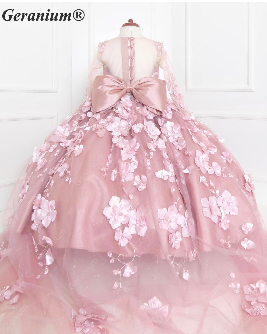 Geranium Couture 3D Floral Junior Pageant Ball Gown with Illusion Sleeves & Tulle Train KD-375
