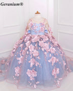 Geranium Couture 3D Floral Junior Pageant Ball Gown with Illusion Sleeves & Tulle Train KD-375