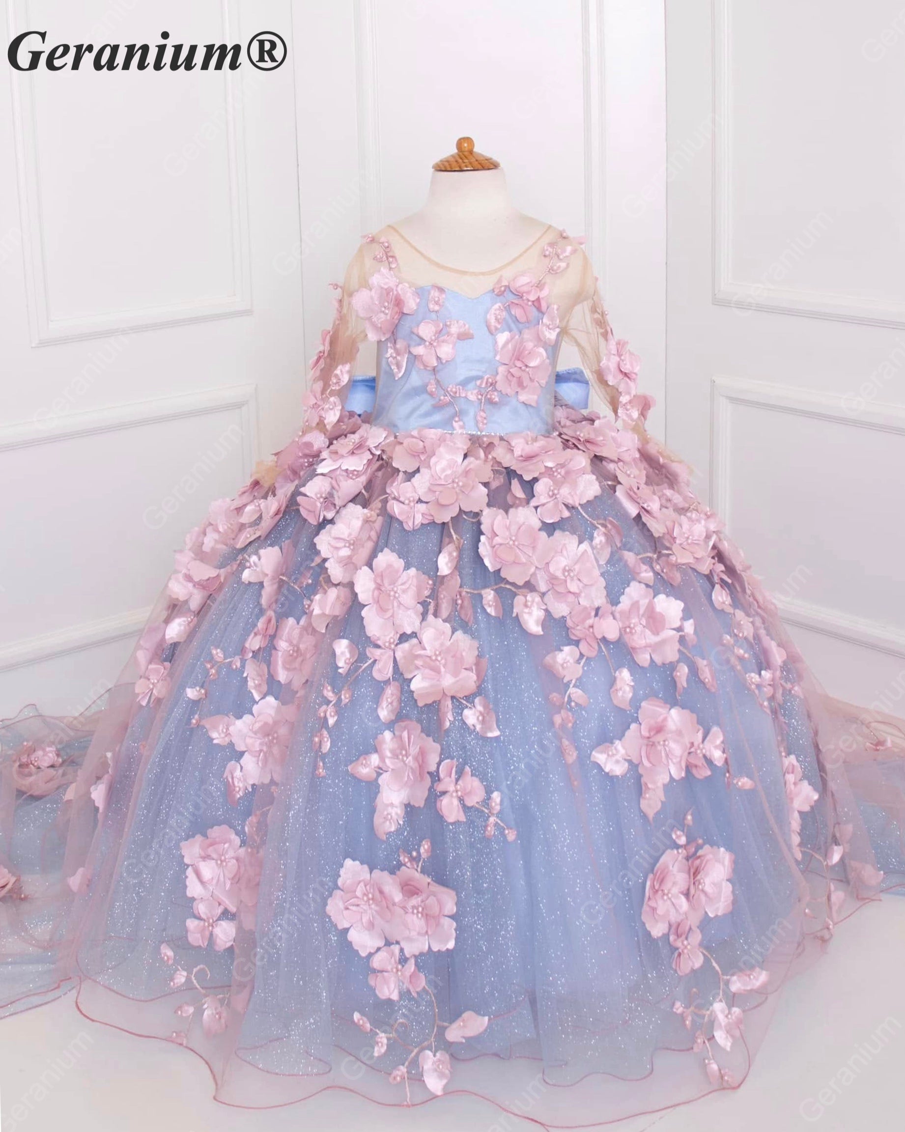 Geranium Couture 3D Floral Junior Pageant Ball Gown with Illusion Sleeves & Tulle Train KD-375