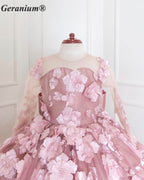Geranium Couture 3D Floral Junior Pageant Ball Gown with Illusion Sleeves & Tulle Train KD-375