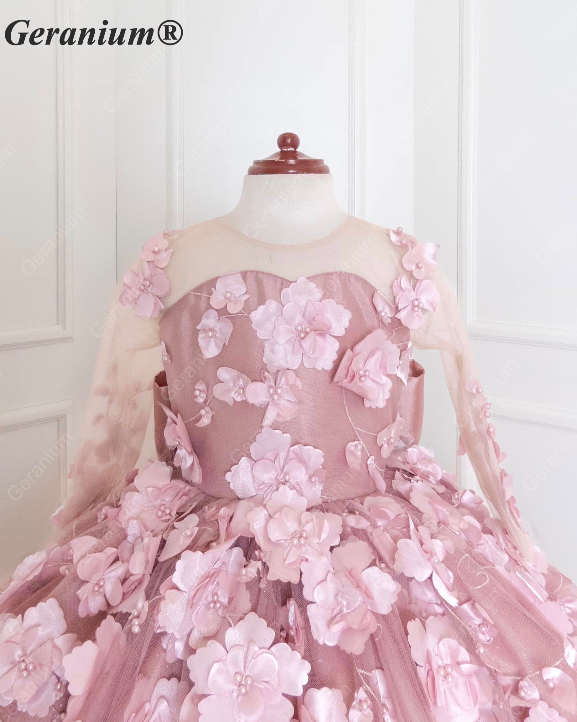 Geranium Couture 3D Floral Junior Pageant Ball Gown with Illusion Sleeves & Tulle Train KD-375