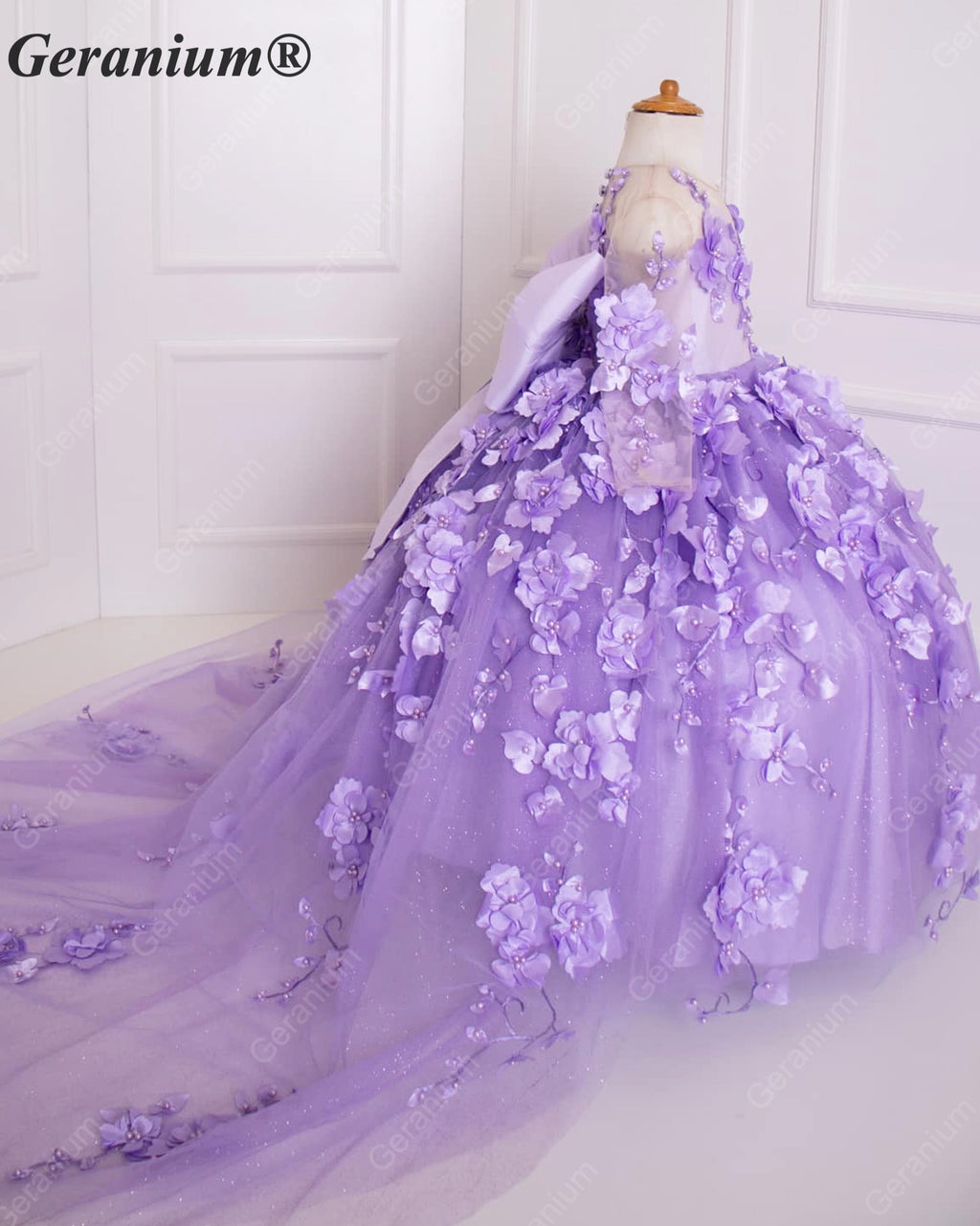 Geranium Couture 3D Floral Junior Pageant Ball Gown with Illusion Sleeves & Tulle Train KD-375