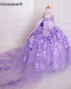 Geranium Couture 3D Floral Junior Pageant Ball Gown with Illusion Sleeves & Tulle Train KD-375