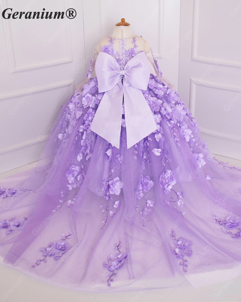 Geranium Couture 3D Floral Junior Pageant Ball Gown with Illusion Sleeves & Tulle Train KD-375