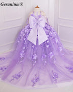 Geranium Couture 3D Floral Junior Pageant Ball Gown with Illusion Sleeves & Tulle Train KD-375