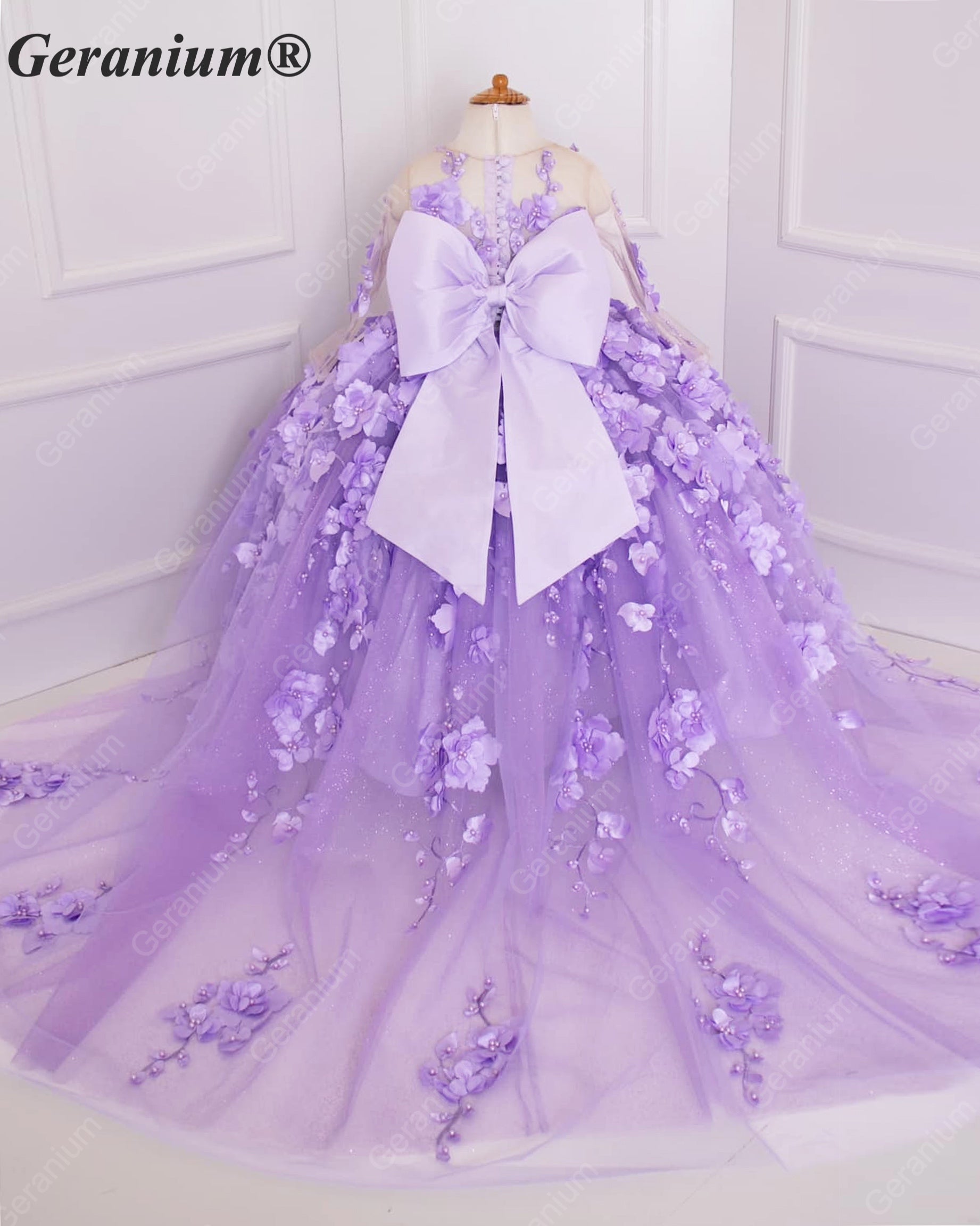 Geranium Couture 3D Floral Junior Pageant Ball Gown with Illusion Sleeves & Tulle Train KD-375
