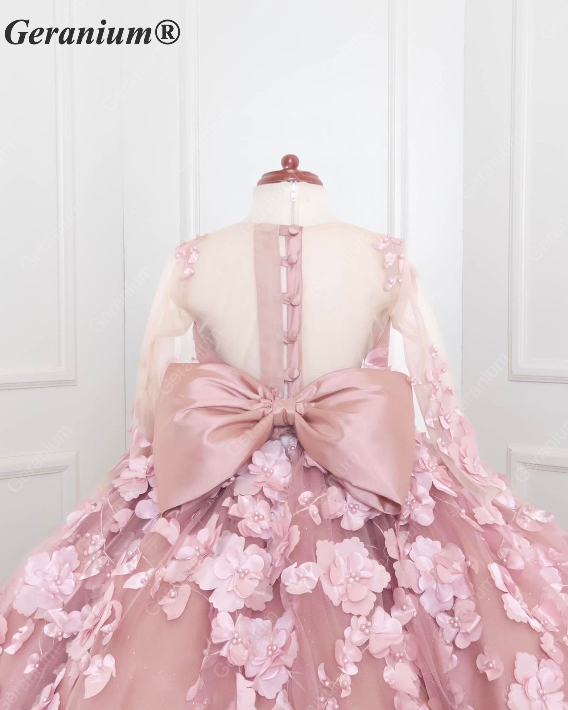 Geranium Couture 3D Floral Junior Pageant Ball Gown with Illusion Sleeves & Tulle Train KD-375