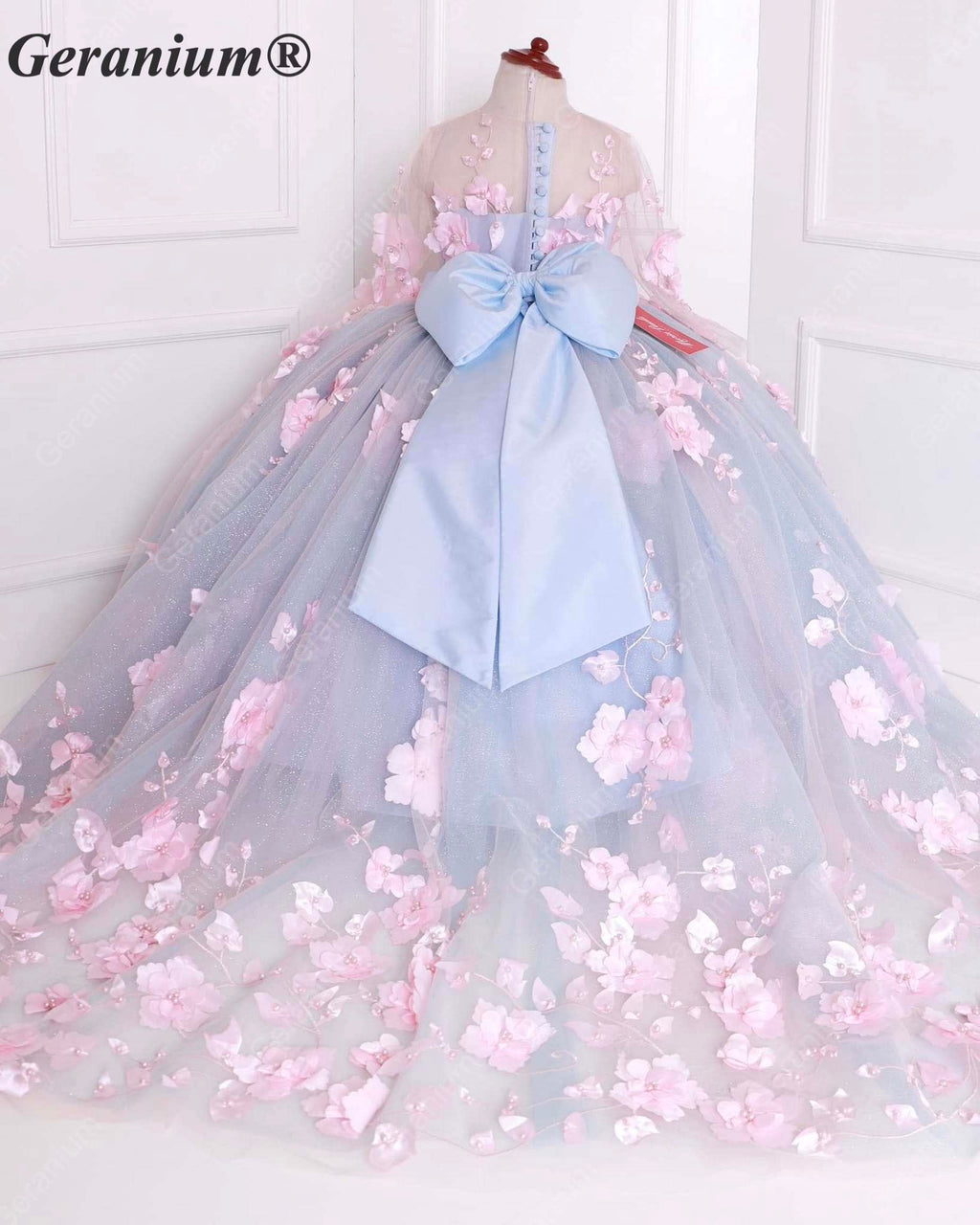 Geranium Junior Bridesmaid & Pageant Gown: Sky Blue 3D Floral Cathedral Train Dress KD-378