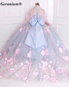 Geranium Junior Bridesmaid & Pageant Gown: Sky Blue 3D Floral Cathedral Train Dress KD-378