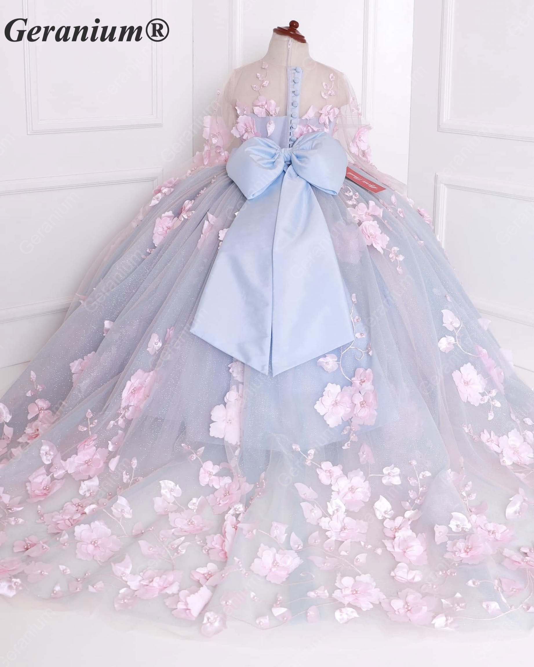 Geranium Junior Bridesmaid & Pageant Gown: Sky Blue 3D Floral Cathedral Train Dress KD-378